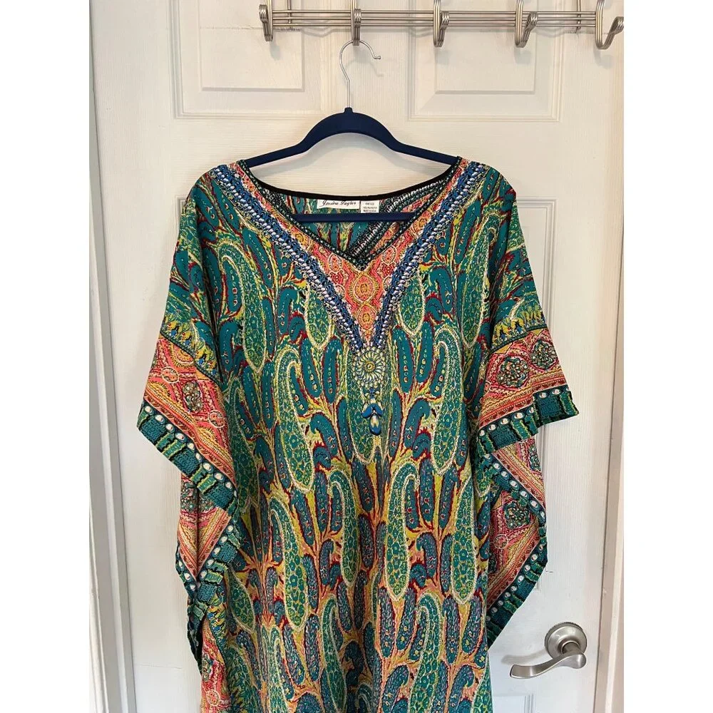 Vintage Jessica Taylor Hippy Paisley Short Sleeve Kaftan Maxi Dress OS - Picture 2 of 6